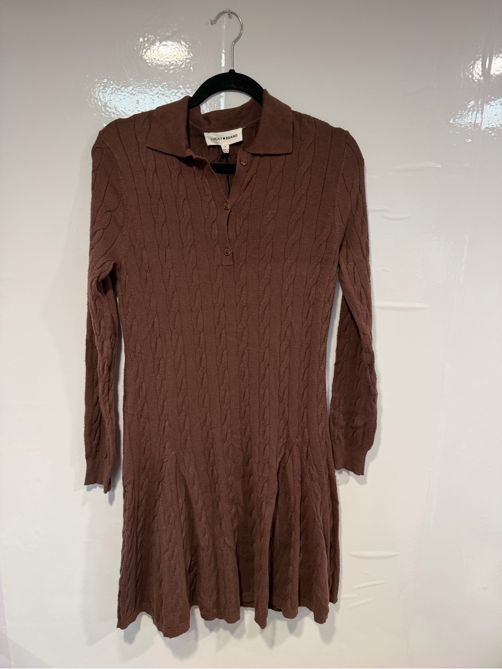 Lucky‎ Brand Brown Cable Knit Polo-Style Long Sleeve Dress NWT